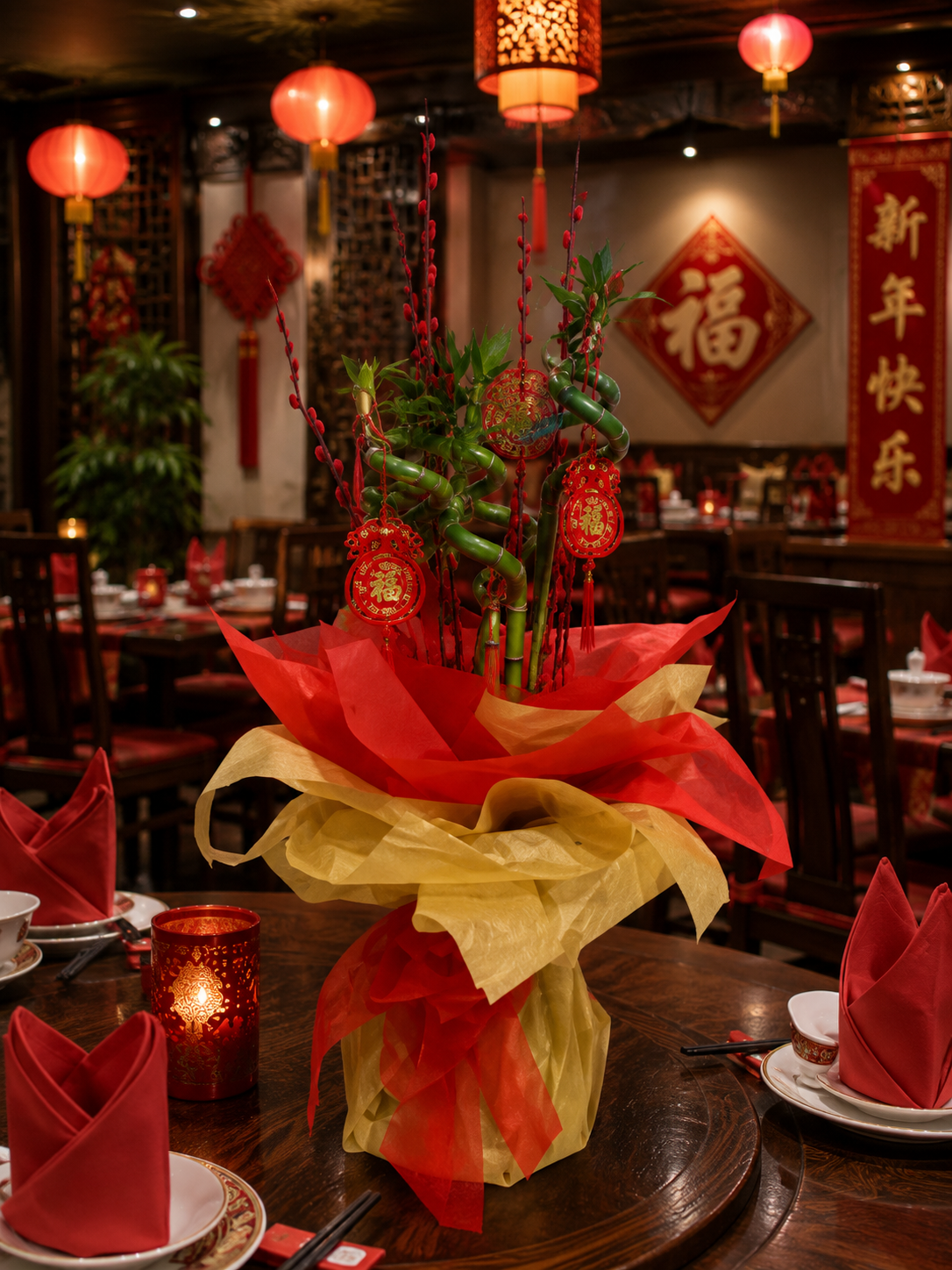 lucky bamboo bouquet in resturant setting