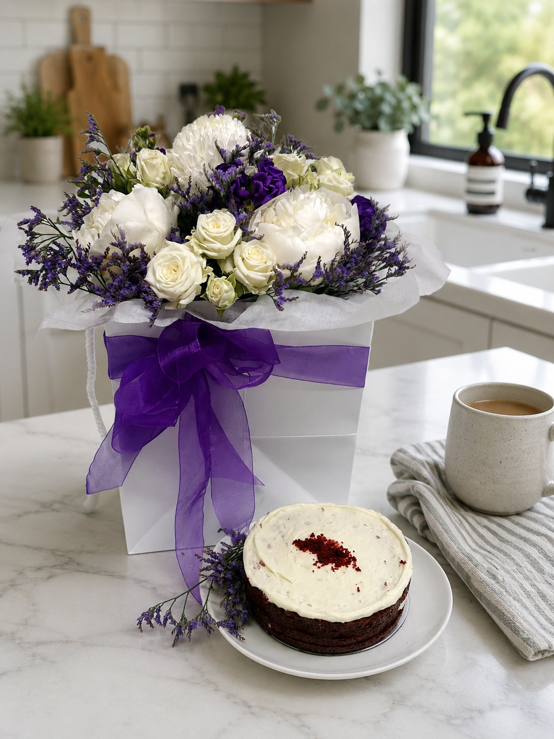 Purple Poise bouquet and cake setting