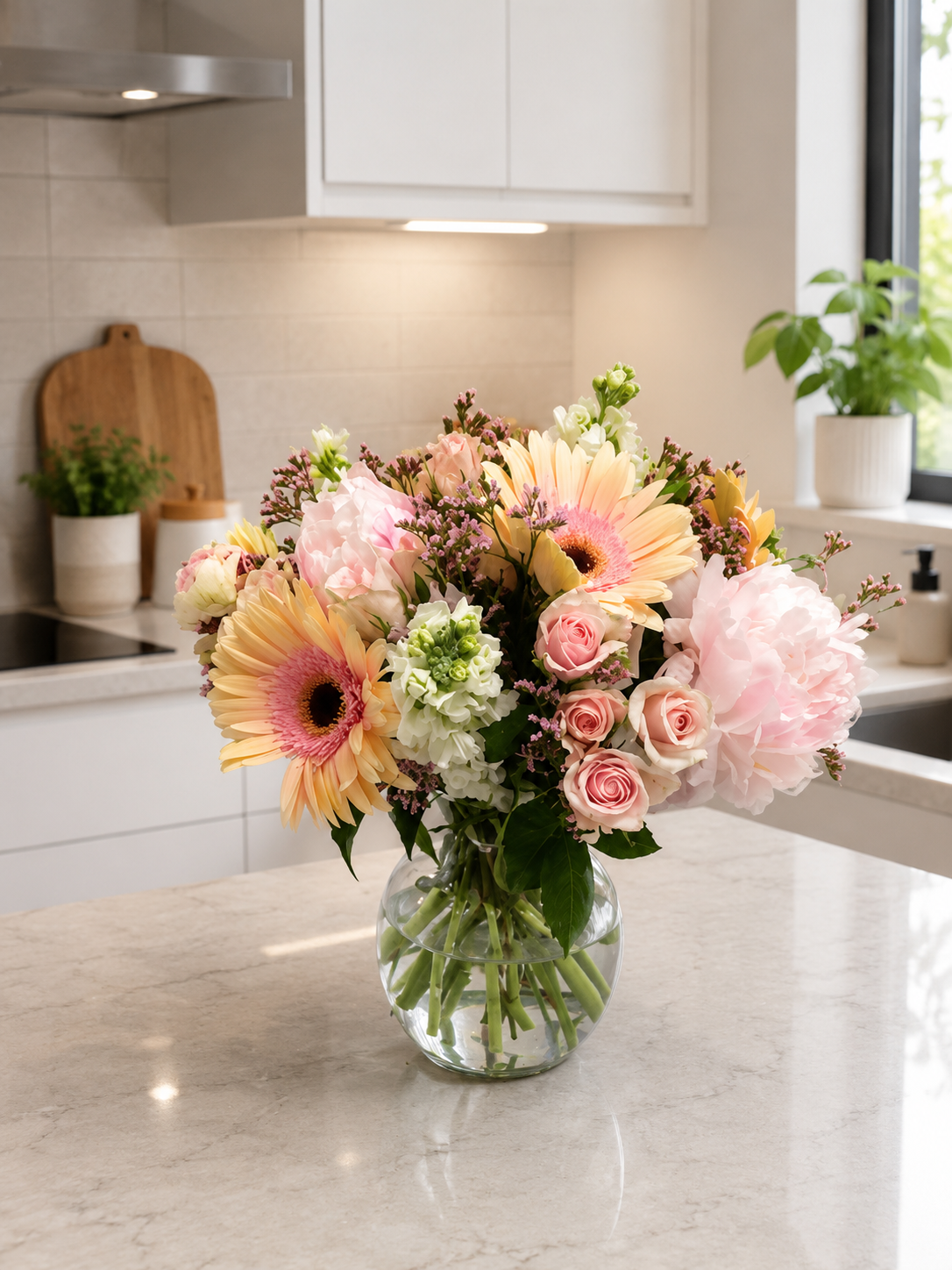 peach bouquet in galss vase in setting