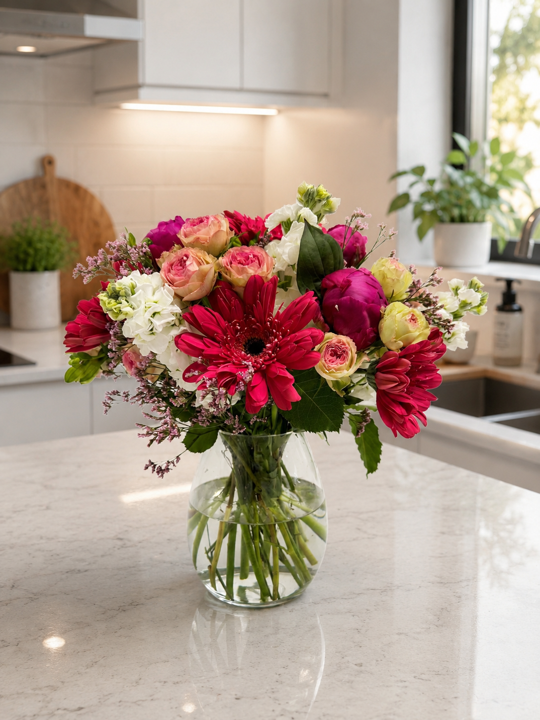 pink posy in glass vase setting