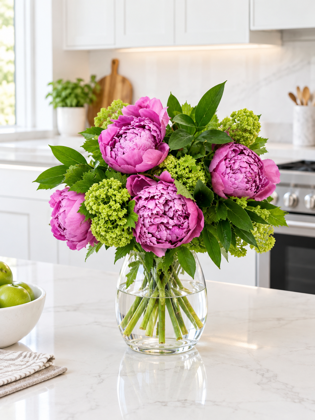5 Stems Lush Peonies in glass Vase