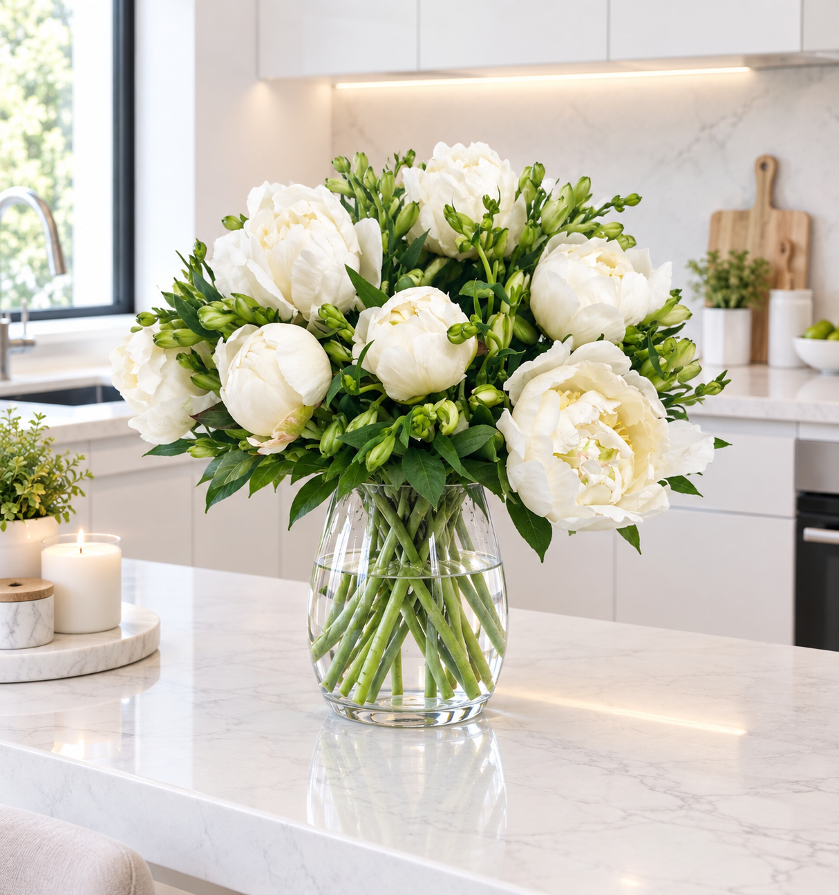5 stems White Peonies in vase