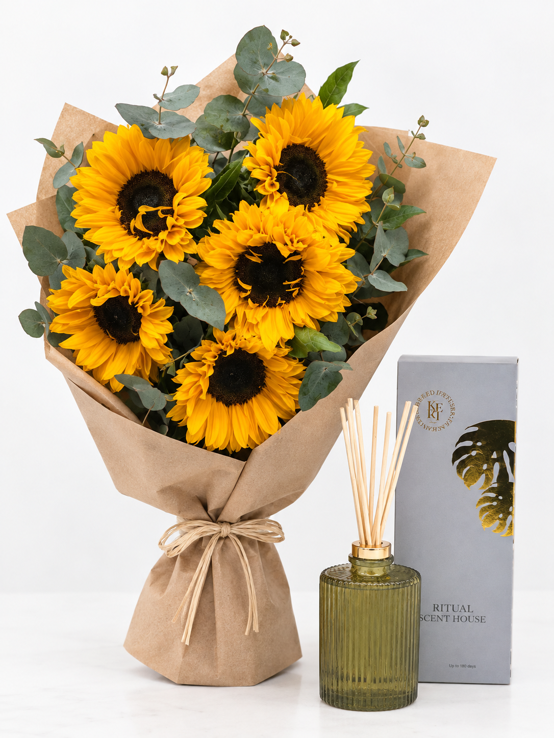 6 sunflowers Wrapped in Brown Paper and infusion