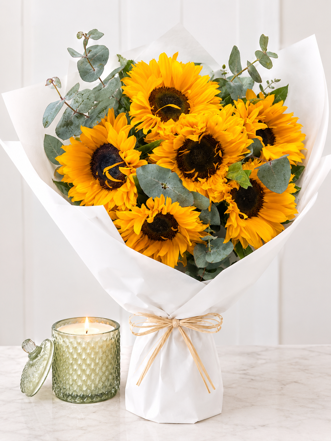 6 sunflowers and Candle with white paper